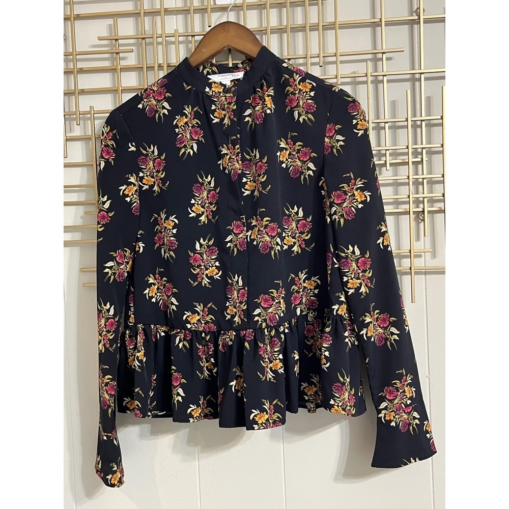 Thakoon Collective Floral Ruffle Blouse Long Sleeve Top Black Size 0 - Picture 8 of 9